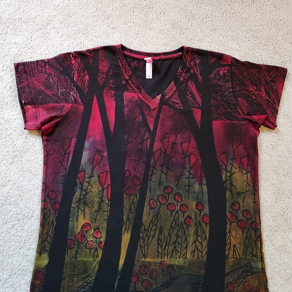 Magenta sunset and birds of blue in the treetops, stars, red tulips & circles. woman XL v-neck t-shirt, discharged, block printed and dyed