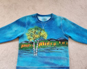 Golden Aspens, fall colors, mountains inspired by the Tetons, birds flying high  blue moon, woman's XL TEKGEAR Sweatshirt, printed & dyed