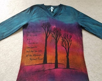 Trees silhouetted against a glowing sky. Road Not Taken by Robert Frost. Woman's XL discharged & dyed shirt, check measurements, a bit small