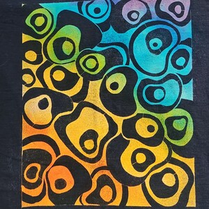May include: Abstract art print featuring a pattern of black, organic shapes with colorful gradients. The colors transition from orange to yellow, green, blue, and purple. The artwork is set against a black background.