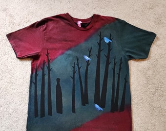 Text is from "The Wood Pile" by Robert Frost, swamp trees, birds, shooting stars, man's large discharged, screen printed & dyed t-shirt