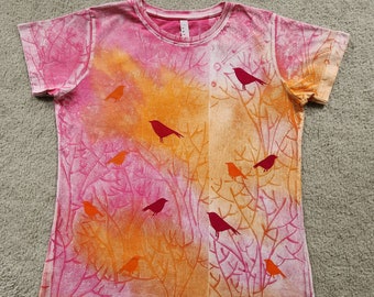 Orange and magenta birds on branches, dyed, block printed & discharged, birds were screen printed, hot pink n orange, woman's large t-shirt