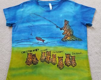 Mama or papa bear teaches cubs to fish, lots of questions from the little ones, woman's large shirt, printed & dyed, bit of humor