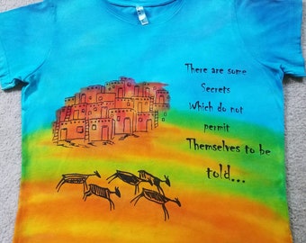 Pueblo, herd of deer, text by Edgar Allan Poe, woman's XL t-shirt, printed & dyed, bright colors, oranges, blues, yellow, green