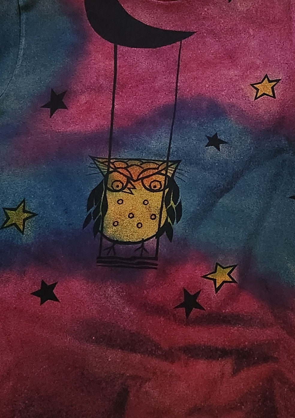 Owl swings on a crescent moon, catches a fallen star and puts it in his messenger bag, man's lar