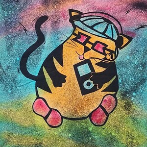 Cute cat with ipod, shoes and baseball cap, bopping to the beat, man's medium discharge t-shirt with procion dyes, pinks, orange and blues bild 2