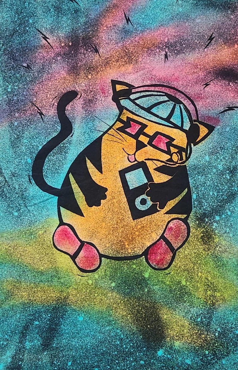 Cute cat with ipod, shoes and baseball cap, bopping to the beat, man's medium discharge t-shirt with procion dyes, pinks, orange and blues bild 2