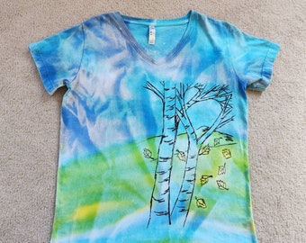 Aspen trees, falling leaves and mountains, woman's large v-neck shirt, discharged, dyed, screen printed, check measurements, small4size