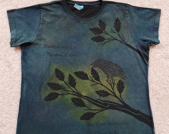 Woman's XL discharged, printed & dyed t-shirt, bird on a  leafy branch, birds in flight, text, inspired the "Blackbird Song"
