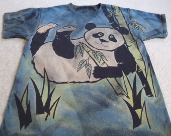 Adorable panda with bamboo, man's large discharge t-shirt with procion dyes, brilliant blue, bright green, chartreuse