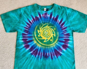 Celtic inspired design, man's Hanes medium tie dyed and printed t-shirt, blues, caymen isle green, raspberry, design on both front & back
