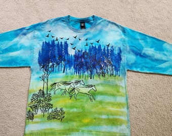 Forest of blue pine trees, horses, birds flying & perched on tree branches, man's XL Hanes t-shirt, long sleeves, printed, dyed, discharged