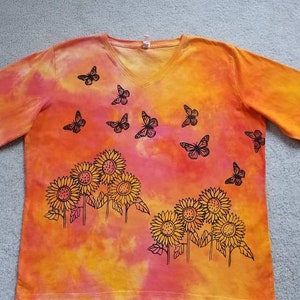 Sunflower design with butterflies, woman's 2XL v-neck shirt, screen printed, dyed and handpainted details, 3/4 sleeves, design on sleeves