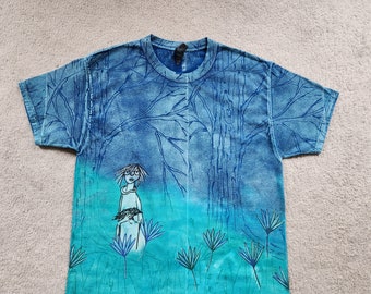 Man's XL t-shirt, old forest trees, woodland fairy holds a bird, flying blackbirds, fronds, dyed, printed & discharged, blues and green