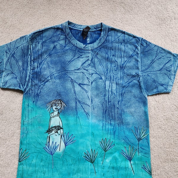 Man's XL t-shirt, old forest trees, woodland fairy holds a bird, flying blackbirds, fronds, dyed, printed & discharged, blues and green