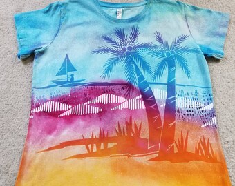 SPECIAL Price! Woman's XL t-shirt, dyed and discharged, palm trees, sailboats, day at the beach, freezer paper technique, blue and fuchsia