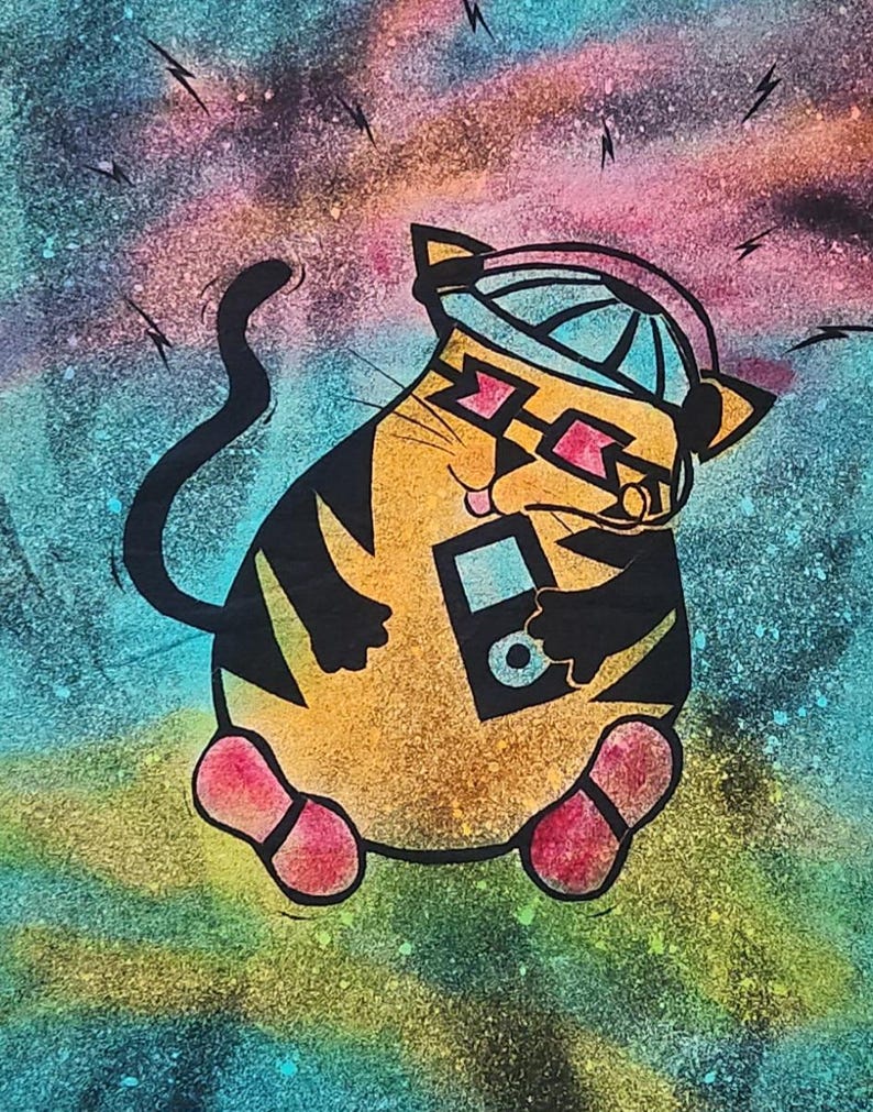Cute cat with ipod, shoes and baseball cap, bopping to the beat, man's medium discharge t-shirt with procion dyes, pinks, orange and blues bild 4