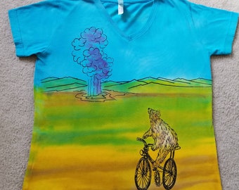 Bear bikes by Old Faithful, inspired by Yellowstone National Park, yellow tent on back of shirt, woman's large v-neck t-shirt, printed & dye
