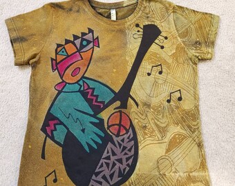 Woman's large discharged and dyed t-shirt, abstract musician playing guitar, peace sign, hands and music notes, reduced price, check below