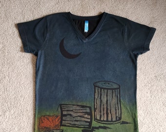 Cat snoozing in garbage can, shooting stars & crescent moon, woman's large discharged, printed and dyed t-shirt, green, turquoise, orange