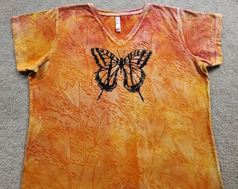 Woman's XL t-shirt, floating tulips on both sides, overall design, dyed, block printed and discharged, oranges and red, original block print