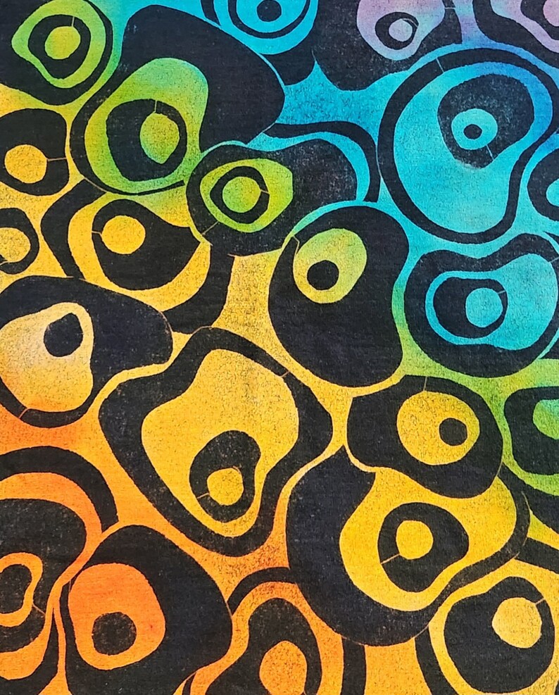 May include: Abstract artwork featuring a pattern of black, organic shapes with colorful gradients. The colors transition from orange to yellow, green, blue, and purple, creating a vibrant and eye-catching design.