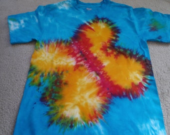 SPECIAL PRICE! Man's small tie dye butterfly t-shirt, dyed in yellow, orange, red, and turquoise, same on both sides, bright colors