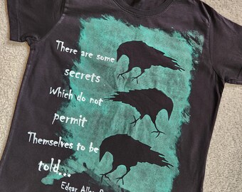 Woman's large t-shirt, ravens were screened printed with 3 paper cutouts, glow in the dark green ink, text by Edgar Allan Poe, back is black
