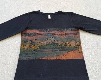 Teton Mountains in the fall, aspen trees, earthy colors, woman's large t-shirt,  printed, discharged and dyed, long sleeves