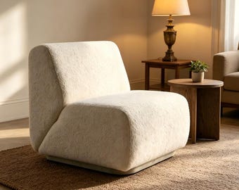 Handmade Boucle Lounge Chair for Bedroom, Modern Minimalist Design, Boucle Accent Chair, Nordic Style, Cream Teddy Fabric