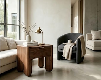 Handgemaakt notenhouten nachtkastje voor slaapkamer, modern minimalistisch design, massief houten nachtkastje, ambachtelijke stijl, natuurlijk walnoot