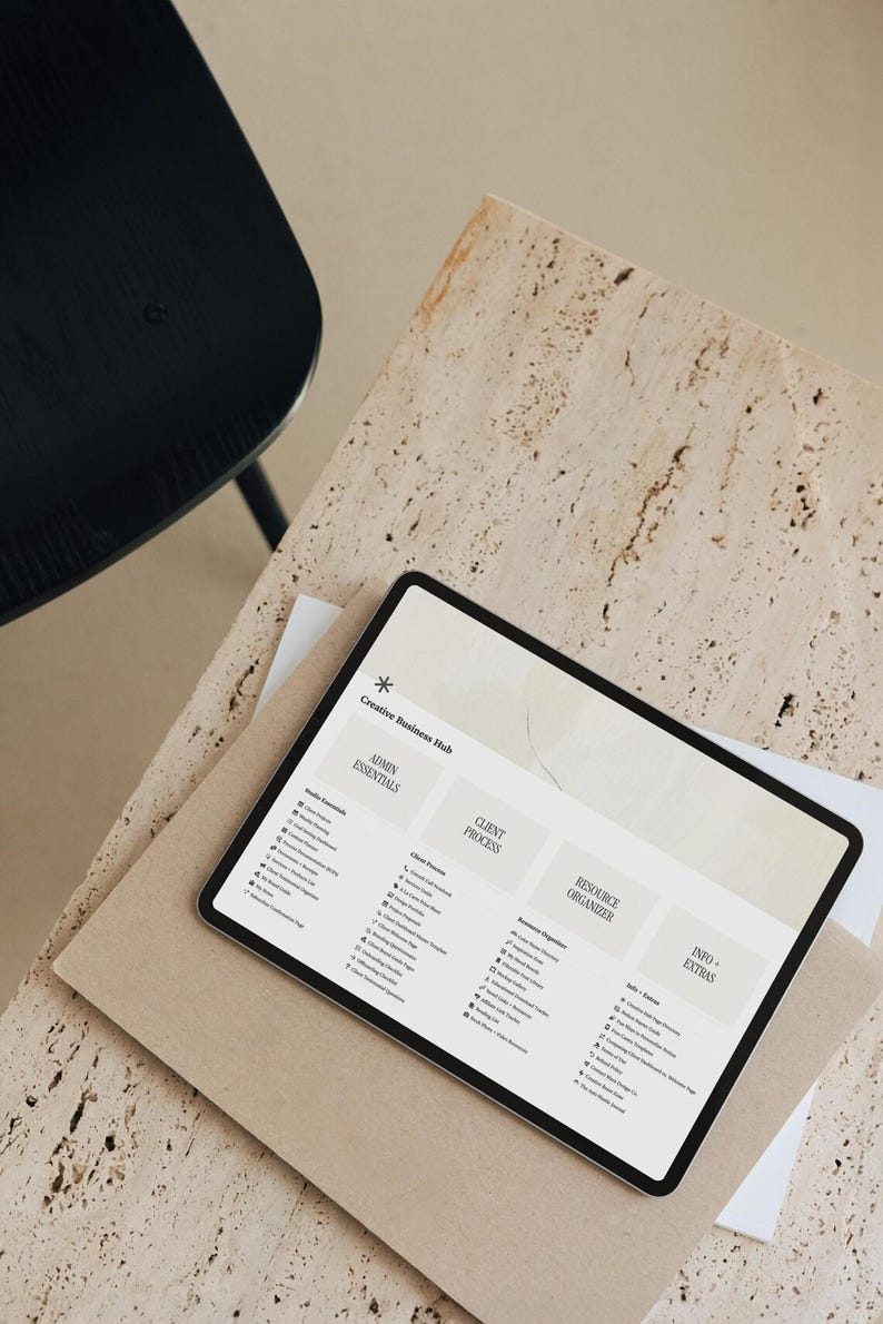 K&ouml;nnte beinhalten: Ein Tablet mit einem digitalen Dashboard namens Creative Business Hub, das vier Hauptbereiche enth&auml;lt: Admin Essentials, Client Process, Resource Organizer und Info + Extras, jeweils mit einer Liste von Unteraufgaben und Links.