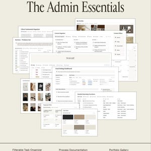 K&ouml;nnte beinhalten: Ein digitales Business-Management-Dashboard mit dem Titel The Admin Essentials, das mehrere &uuml;berlagerte Schnittstellenfenster enth&auml;lt, darunter einen Client-Testimonial-Organizer, einen Content-Organizer und ein Zielsetzungs-Dashboard.