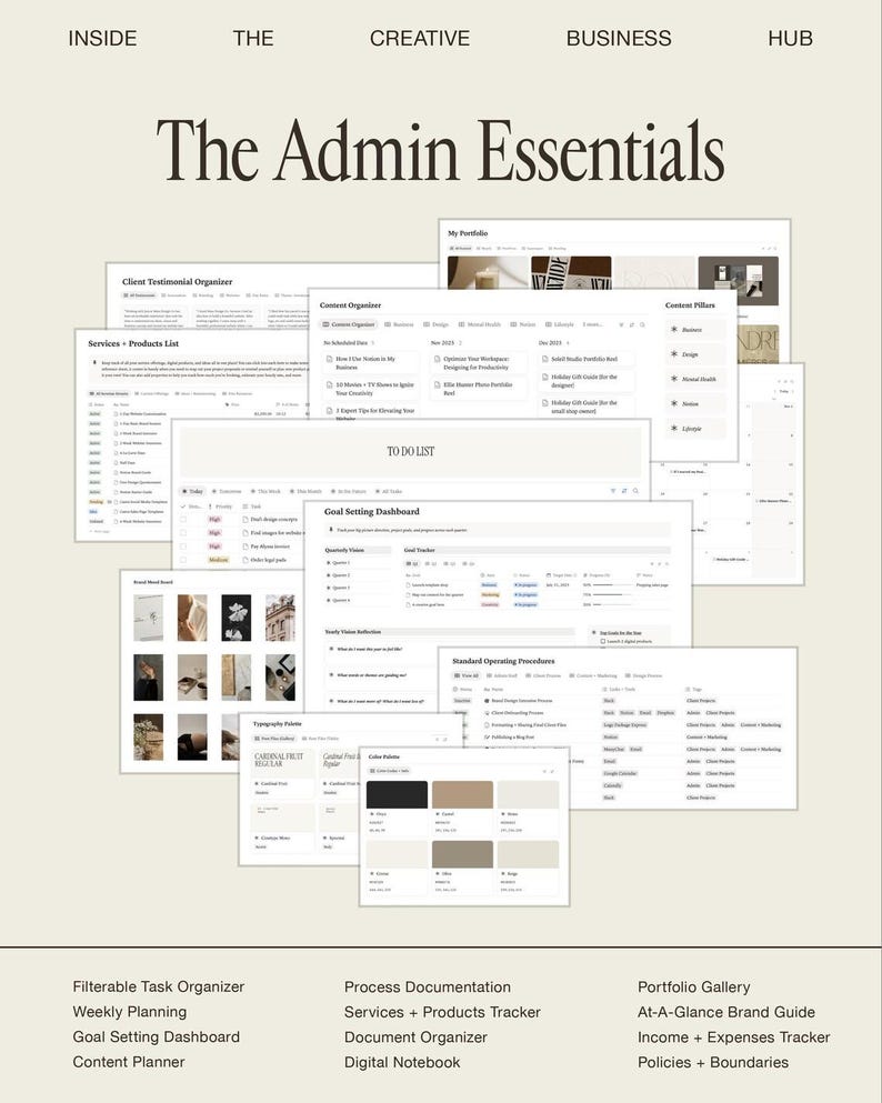 K&ouml;nnte beinhalten: Ein digitales Business-Management-Dashboard mit dem Titel The Admin Essentials, das mehrere &uuml;berlagerte Schnittstellenfenster enth&auml;lt, darunter einen Client-Testimonial-Organizer, einen Content-Organizer und ein Zielsetzungs-Dashboard.