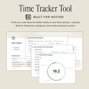 Könnte beinhalten: Ein digitales Zeiterfassungstool für Notion mit einem Dashboard für Aufgabenbeschreibungen, Kundenprojekte und abrechenbare Stunden. Die Benutzeroberfläche zeigt ein kreisförmiges Diagramm mit 16,2 Gesamtstunden für diesen Monat sowie Listen für Arbeitsstunden, Projektkategorien und Top-Einträge.