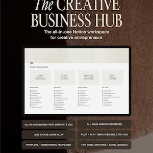 K&ouml;nnte beinhalten: Eine digitale Notion-Arbeitsbereichsoberfl&auml;che mit dem Titel The Creative Business Hub, die Abschnitte f&uuml;r Admin Essentials, Client Process, Resource Organizer und Info + Extras enth&auml;lt. Das Layout umfasst Textbl&ouml;cke zu Systemfunktionen und den Markennamen MARA.
