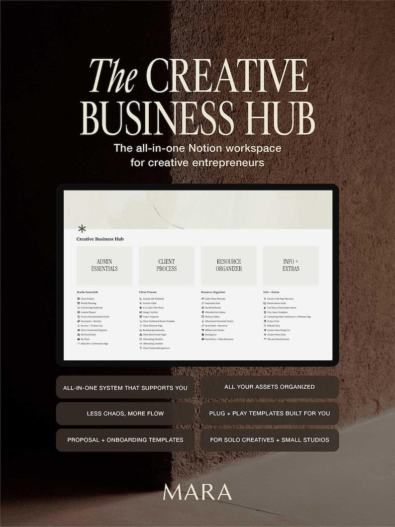 K&ouml;nnte beinhalten: Eine digitale Notion-Arbeitsbereichsoberfl&auml;che mit dem Titel The Creative Business Hub, die Abschnitte f&uuml;r Admin Essentials, Client Process, Resource Organizer und Info + Extras enth&auml;lt. Das Layout umfasst Textbl&ouml;cke zu Systemfunktionen und den Markennamen MARA.