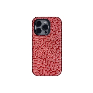 Könnte beinhalten: Eine Smartphone-Hülle mit einem roten Gehirnmuster-Design. Die Hülle hat eine glänzende Oberfläche und ein dunkles Kameramodul. Das Gehirnmuster ist ein sich wiederholendes Design aus roten Linien und Kurven.