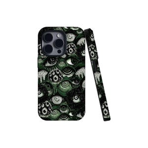 May include: A phone case with a dark green background and a repeating pattern of white and green eyes. The case is shown with a matching phone case side view.