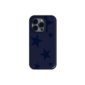 May include: A navy blue phone case featuring a pattern of dark blue stars of varying sizes. The case has a glossy finish and a camera cutout on the upper left corner.