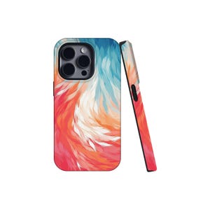 May include: A smartphone case featuring a vibrant, abstract pattern of swirling brushstrokes in shades of coral, orange, white, and light blue. The design covers the back and side edges, showcasing a dynamic, fluid movement of colors.
