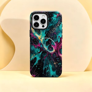 Custodia per telefono con effetto graffiti fluidi e schizzi di vernice, stampa astratta con inchiostro gocciolante, per iPhone 18, 17, 16, Samsung S26, S25, con supporto magnetico MagSafe.