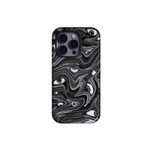 May include: A black and white phone case featuring a swirling pattern with multiple eyes. The case has a glossy finish and a camera cutout on the upper left corner. The design creates a surreal and abstract aesthetic.