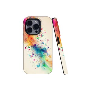 May include: A smartphone case featuring a cream-coloured background with a vibrant, swirling abstract design of colourful smoke and numerous small, scattered hearts in shades of red, blue, green, and purple, shown from front and side angles.