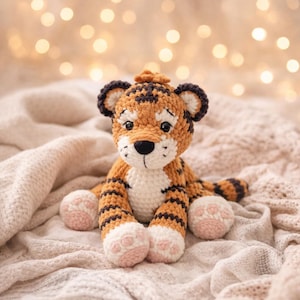 May include: A crocheted tiger toy with orange and black stripes, a white belly and paws, and a black nose. The tiger is sitting on a cream blanket. The background features soft, blurred lights.
