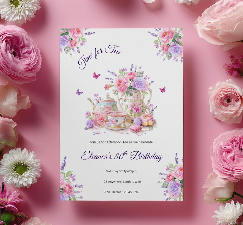 Afternoon Tea Birthday Invitation Template, Editable & Printable ...