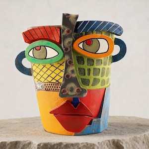 Puede incluir: Una colorida escultura de rostro de cerámica con un diseño abstracto único. La escultura presenta una boca roja, ojos verdes y naranjas, y un tocado a rayas azules y rojas. La cara está pintada con patrones geométricos amarillos, verdes y azules.