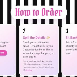 Pu&ograve; includere: Una grafica informativa intitolata How to Order su uno sfondo a righe verticali bianche e nere. Include tre passaggi numerati in riquadri bianchi arrotondati: 1. Shop, 2. Spill the Details e 3. Sit Back, che spiegano la procedura di ordinazione.