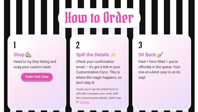Pu&ograve; includere: Una grafica informativa intitolata How to Order su uno sfondo a righe verticali bianche e nere. Include tre passaggi numerati in riquadri bianchi arrotondati: 1. Shop, 2. Spill the Details e 3. Sit Back, che spiegano la procedura di ordinazione.