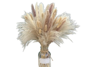 Pampas Grass Decor Set, 17.5 Inch Dried Pampas Grass with Bunny Tails, Reed Grass, White & Brown Pampas for Boho Home Decor